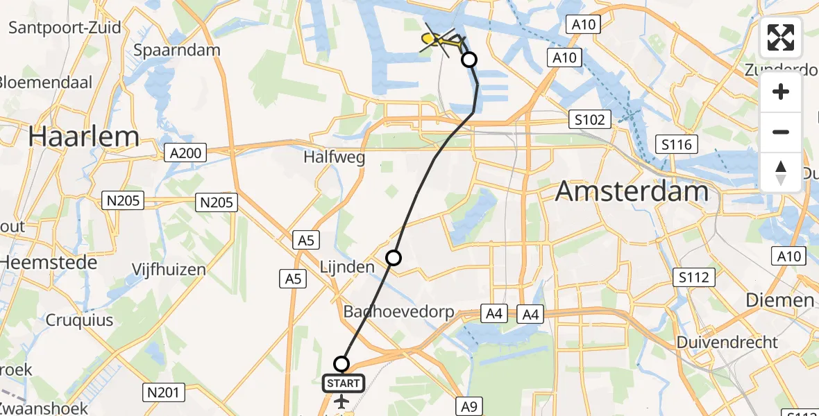 Routekaart van de vlucht: Lifeliner 1 naar Amsterdam Heliport