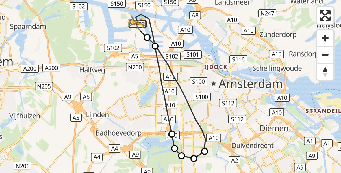 Vluchtroute Traumahelikopter Amsterdam Heliport - Amsterdam Heliport, 15 augustus 2023, 14:17