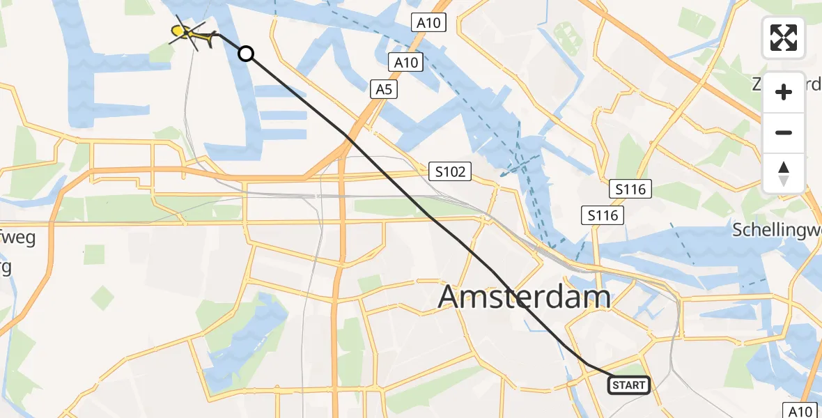 Routekaart van de vlucht: Lifeliner 1 naar Amsterdam Heliport