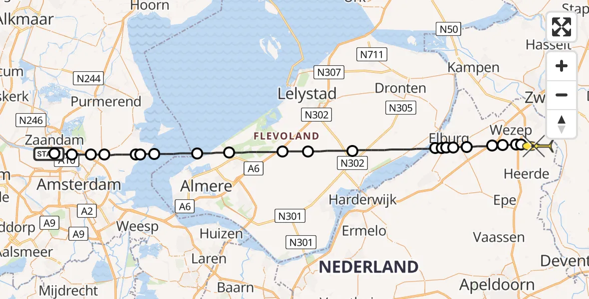 Routekaart van de vlucht: Lifeliner 1 naar Wapenveld