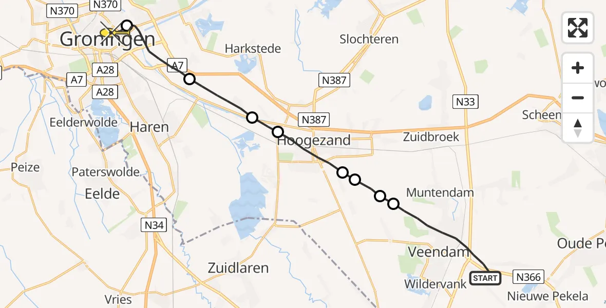 Routekaart van de vlucht: Lifeliner 4 naar Universitair Medisch Centrum Groningen