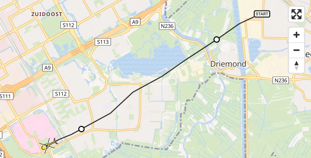 Routekaart van de vlucht: Lifeliner 1 naar Academisch Medisch Centrum (AMC)