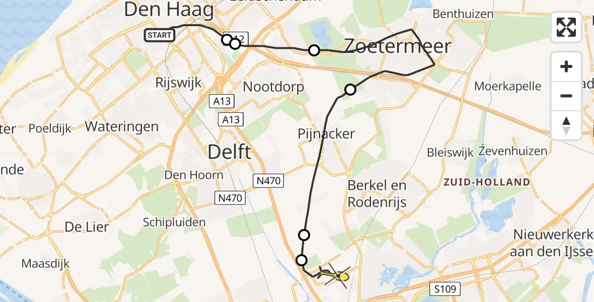 Routekaart van de vlucht: Politieheli naar Rotterdam The Hague Airport