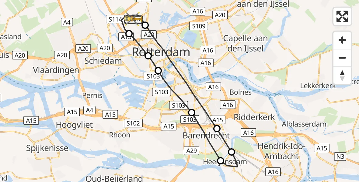 Vluchtroute Traumahelikopter Rotterdam The Hague Airport - Rotterdam The Hague Airport, 15 augustus 2023, 20:49