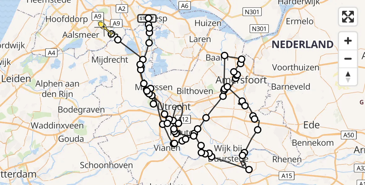 Routekaart van de vlucht: Politieheli naar Amstelveen