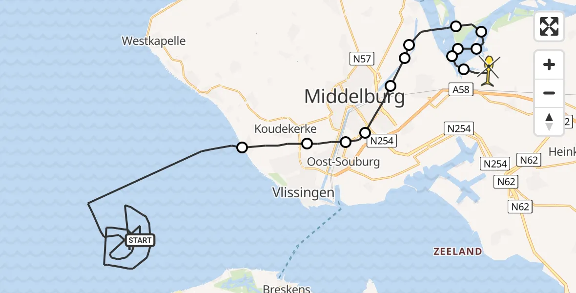Routekaart van de vlucht: Politiehelikopter naar Vliegveld Midden-Zeeland