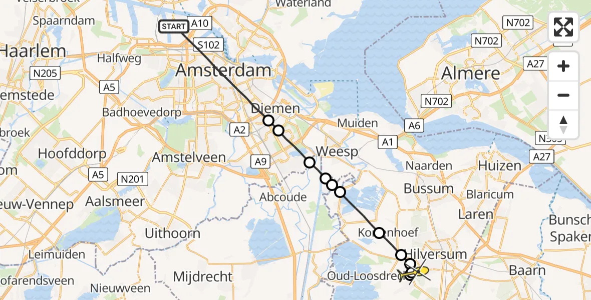 Routekaart van de vlucht: Lifeliner 1 naar Hilversum