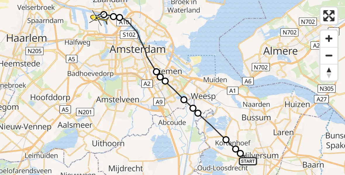 Routekaart van de vlucht: Lifeliner 1 naar Amsterdam Heliport