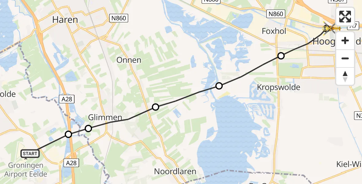 Vluchtroute Traumahelikopter van Groningen Airport Eelde naar 
