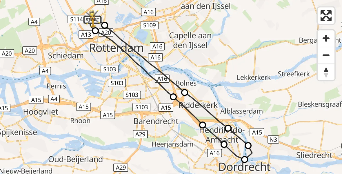 Vluchtroute Traumahelikopter Rotterdam The Hague Airport - Rotterdam The Hague Airport, 16 augustus 2023, 13:04