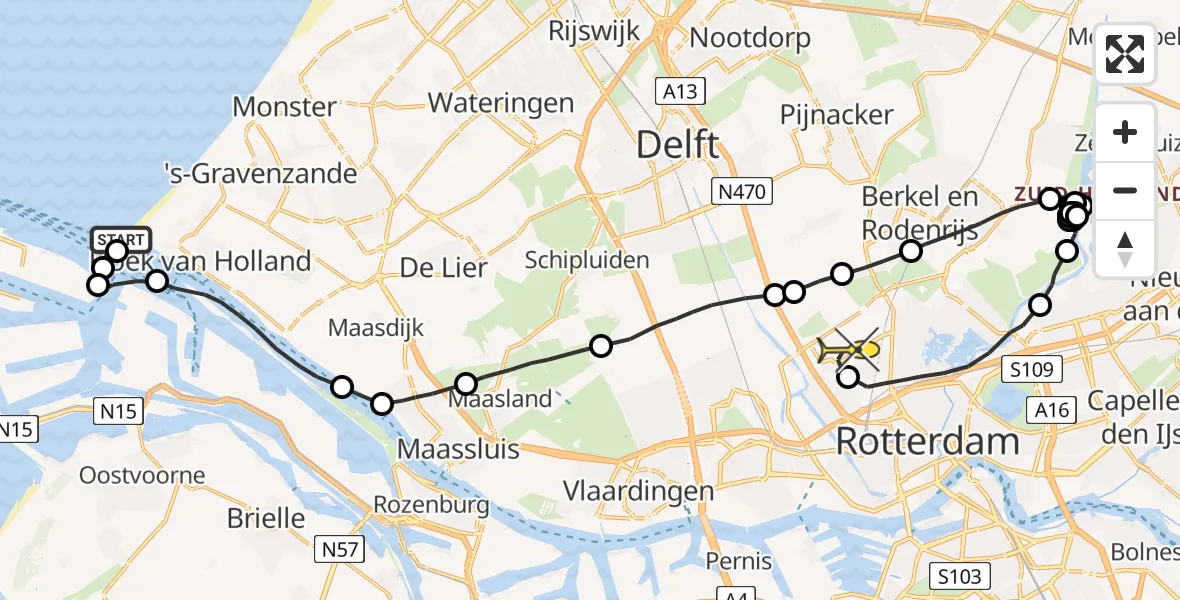 Routekaart van de vlucht: Politieheli naar Rotterdam The Hague Airport