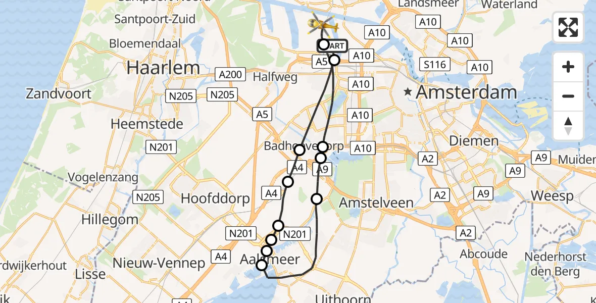 Vluchtroute Traumahelikopter Amsterdam Heliport - Amsterdam Heliport, 17 augustus 2023, 08:30