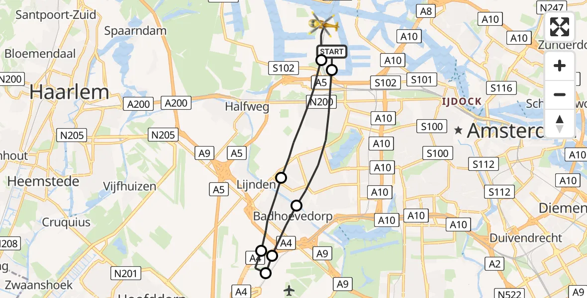 Vluchtroute Traumahelikopter Amsterdam Heliport - Amsterdam Heliport, 17 augustus 2023, 09:26