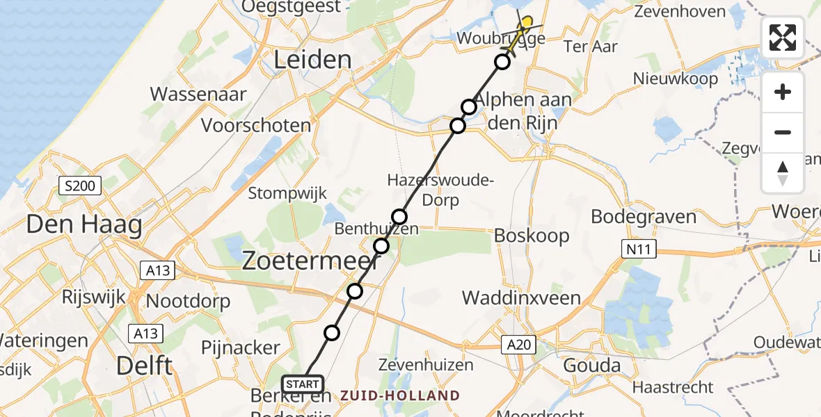 Routekaart van de vlucht: Politiehelikopter naar Woubrugge