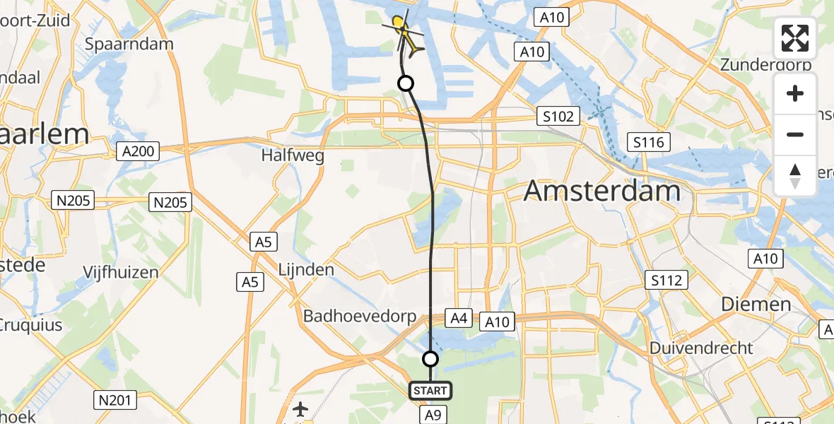 Routekaart van de vlucht: Lifeliner 1 naar Amsterdam Heliport