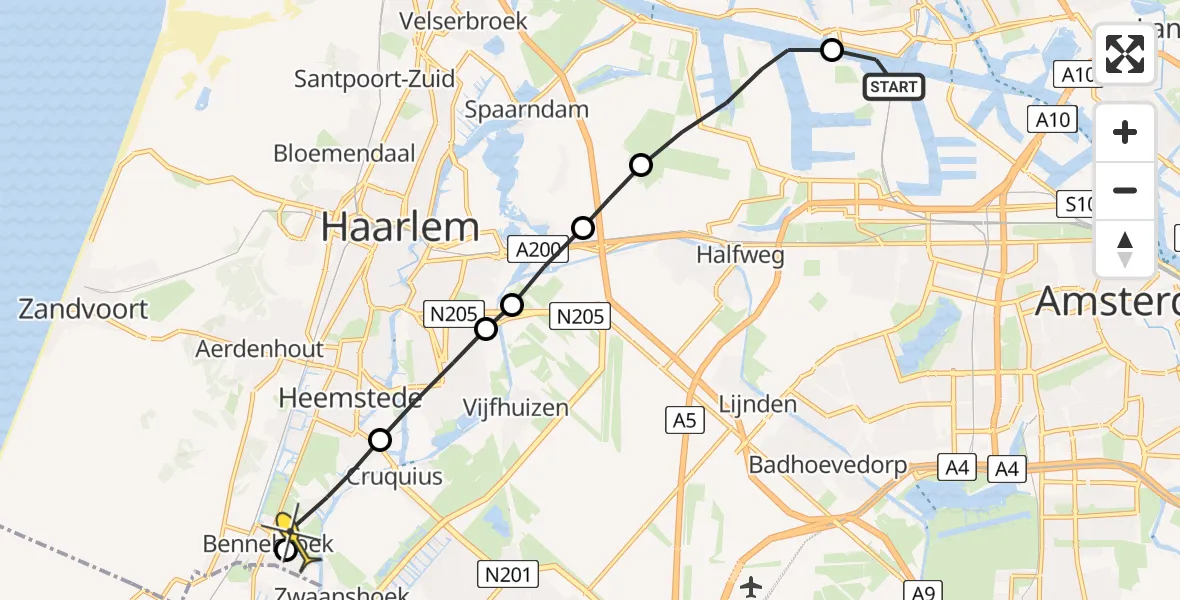 Routekaart van de vlucht: Lifeliner 1 naar Bennebroek