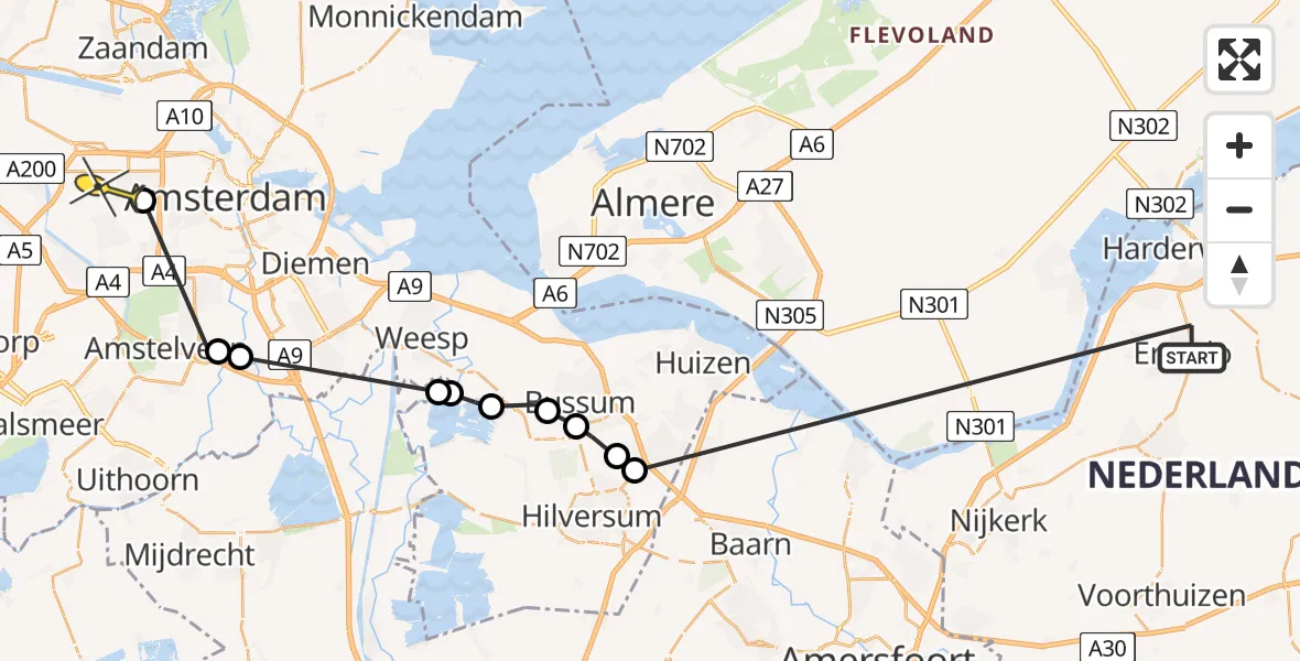 Routekaart van de vlucht: Politiehelikopter naar Amsterdam