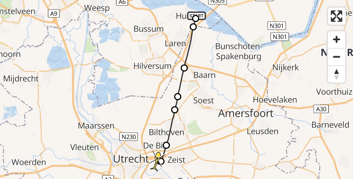 Routekaart van de vlucht: Lifeliner 1 naar Universitair Medisch Centrum Utrecht