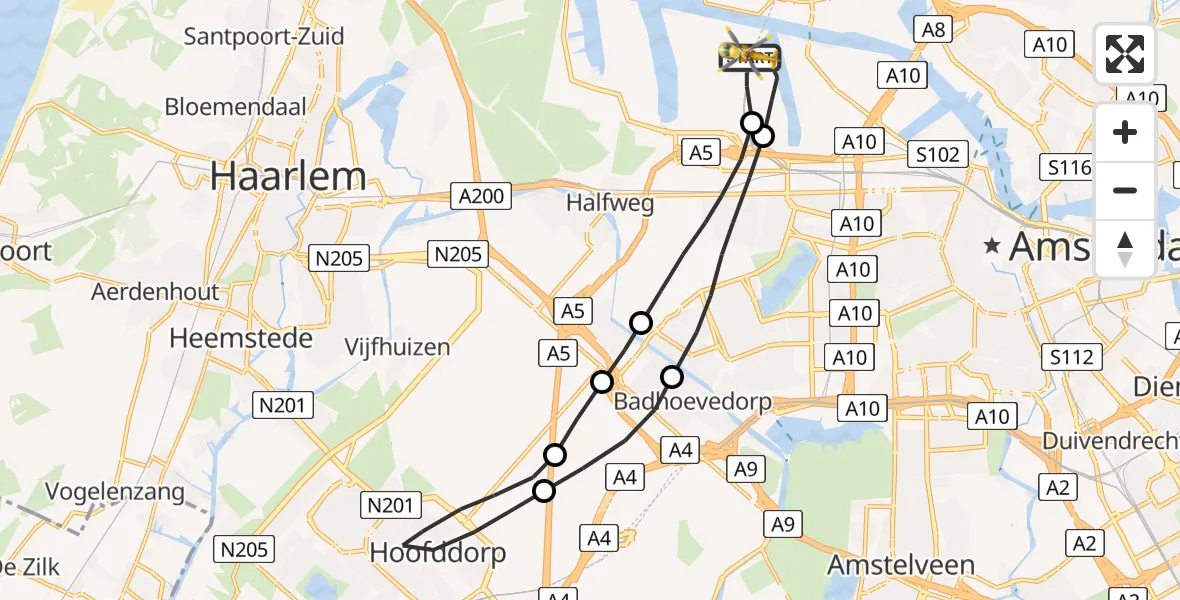 Vluchtroute Traumahelikopter Amsterdam Heliport - Amsterdam Heliport, 18 augustus 2023, 17:36