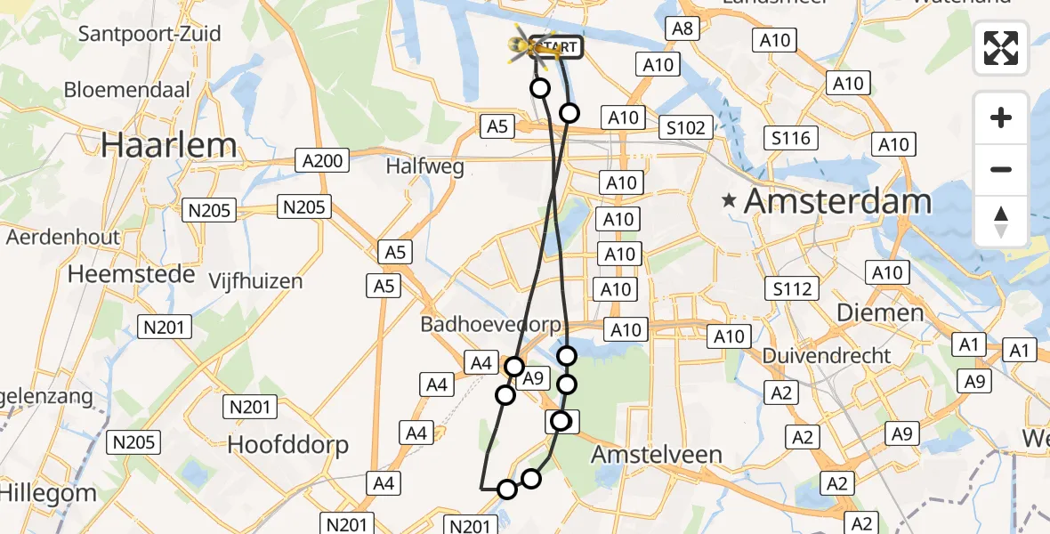 Vluchtroute Traumahelikopter Amsterdam Heliport - Amsterdam Heliport, 18 augustus 2023, 19:25