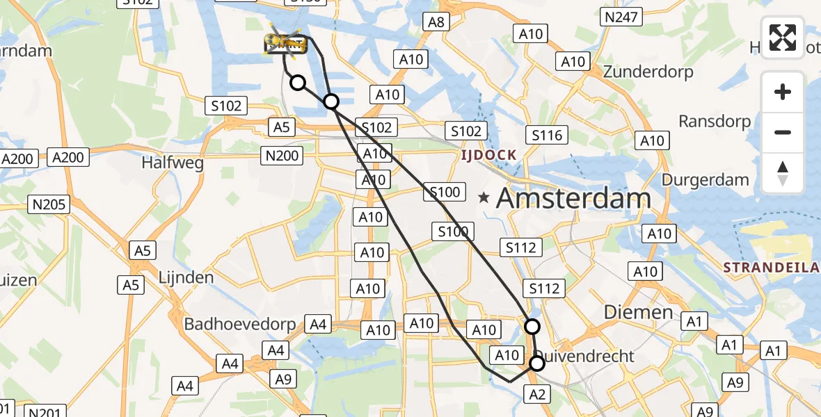 Vluchtroute Traumahelikopter Amsterdam Heliport - Amsterdam Heliport, 18 augustus 2023, 20:54