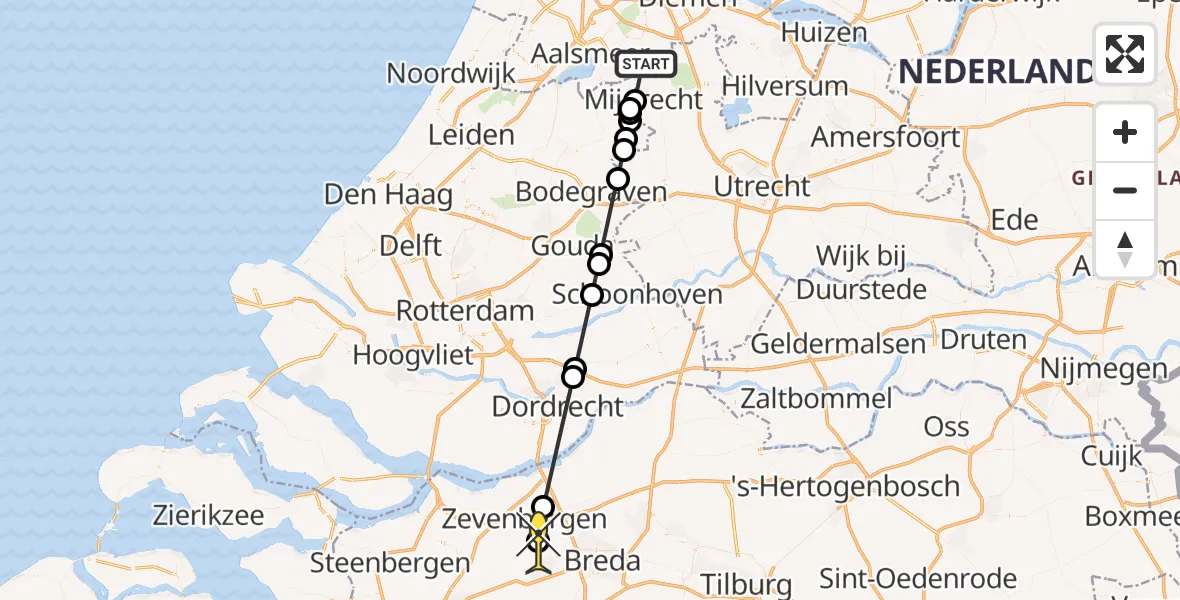 Routekaart van de vlucht: Politiehelikopter naar Etten-Leur