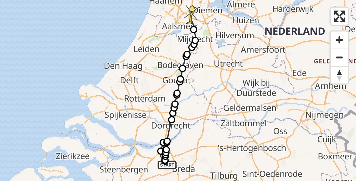 Routekaart van de vlucht: Politiehelikopter naar Amstelveen