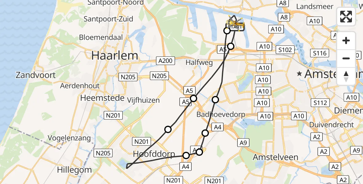Vluchtroute Traumahelikopter Amsterdam Heliport - Amsterdam Heliport, 19 augustus 2023, 08:46