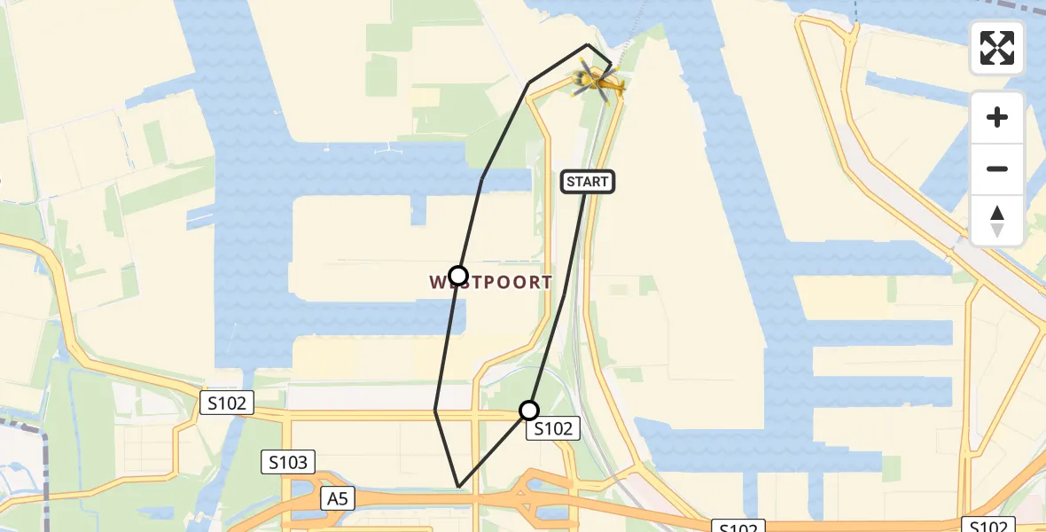 Vluchtroute Traumahelikopter Amsterdam Heliport - Amsterdam Heliport, 19 augustus 2023, 10:33