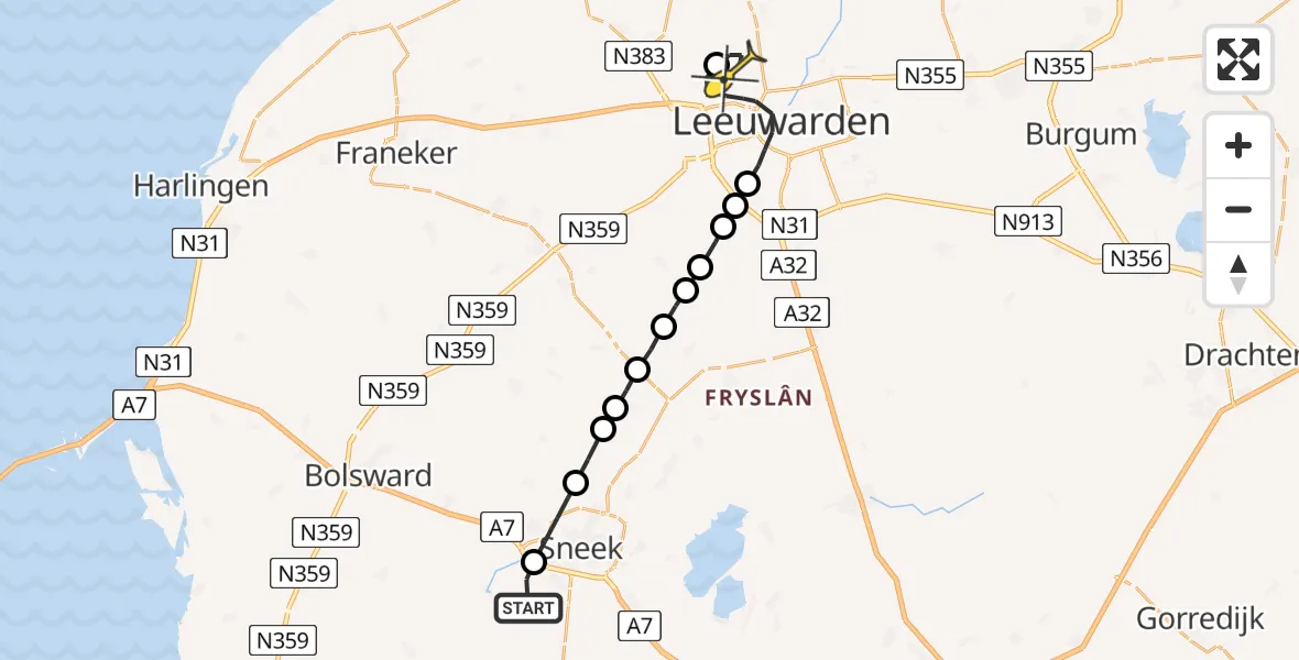 Routekaart van de vlucht: Lifeliner 4 naar Vliegbasis Leeuwarden