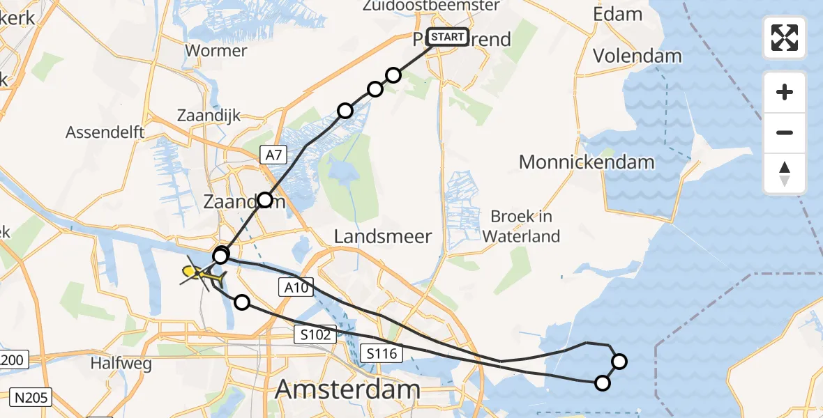 Routekaart van de vlucht: Lifeliner 1 naar Amsterdam Heliport