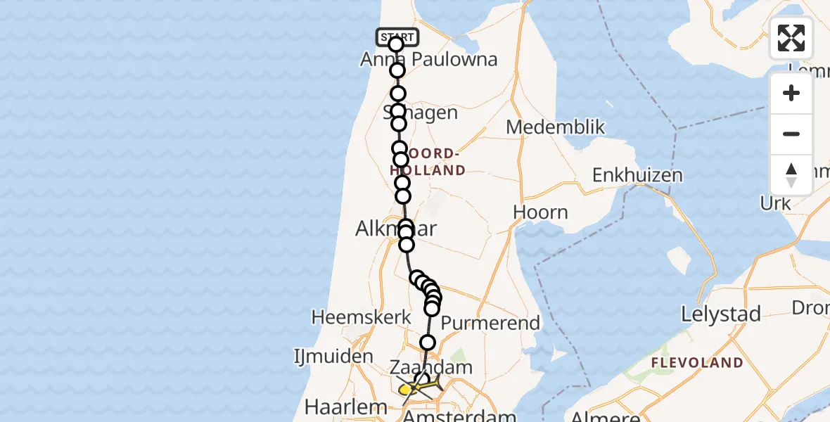 Routekaart van de vlucht: Lifeliner 1 naar Amsterdam Heliport