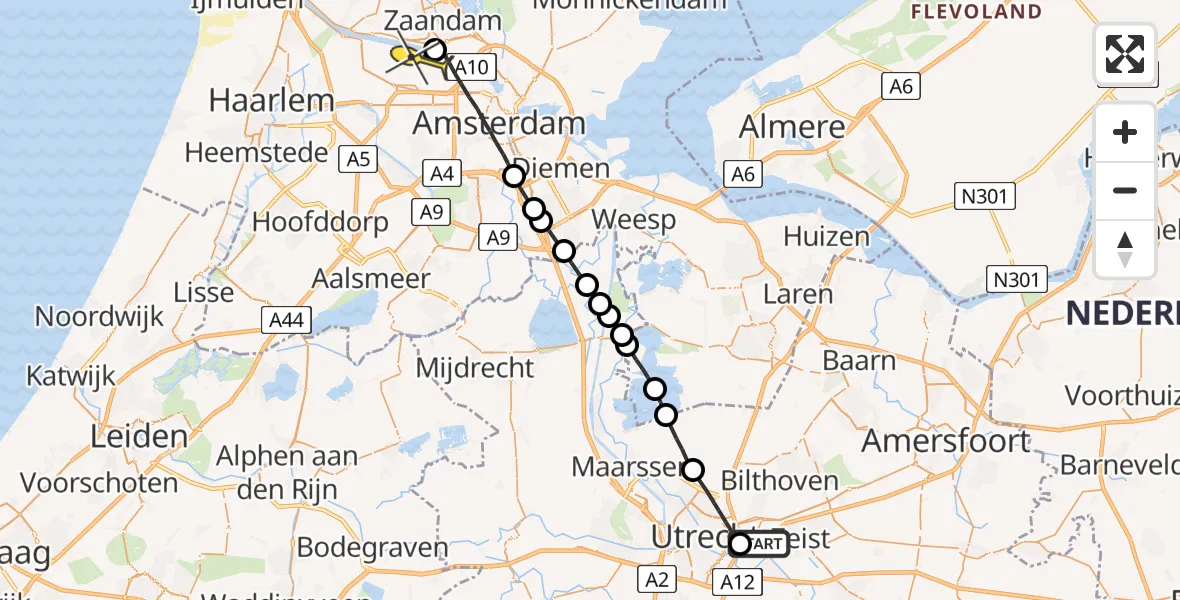 Routekaart van de vlucht: Lifeliner 1 naar Amsterdam Heliport