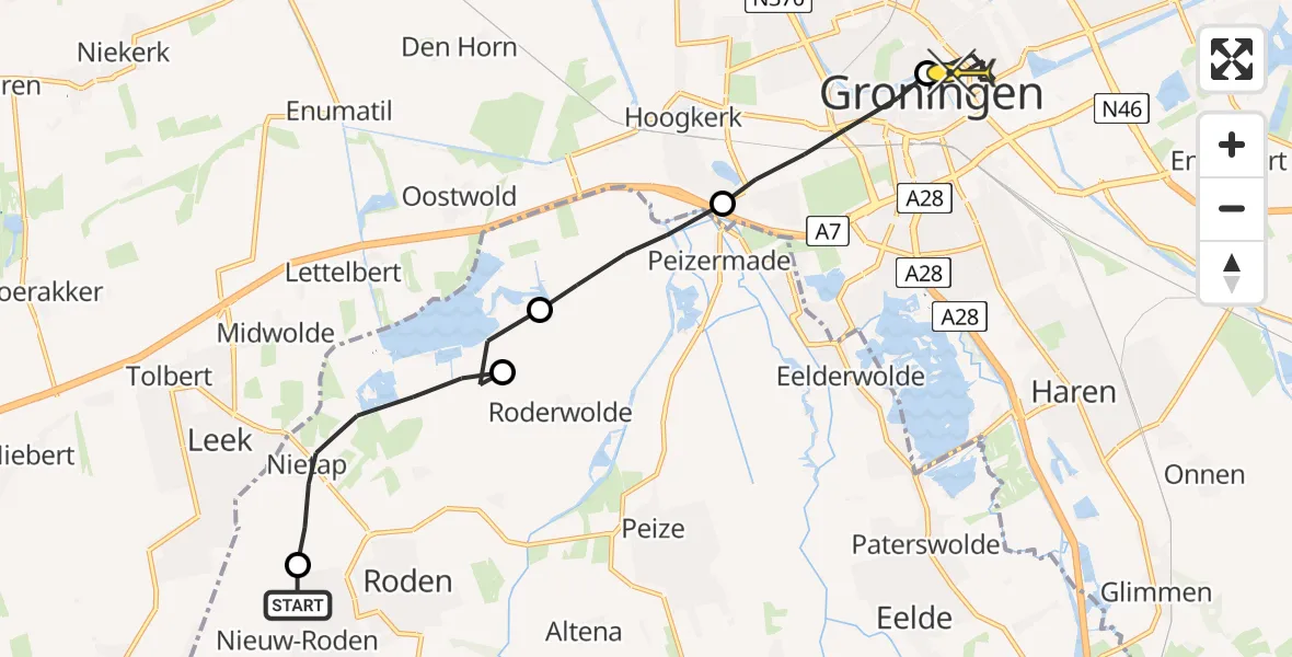 Routekaart van de vlucht: Lifeliner 4 naar Universitair Medisch Centrum Groningen