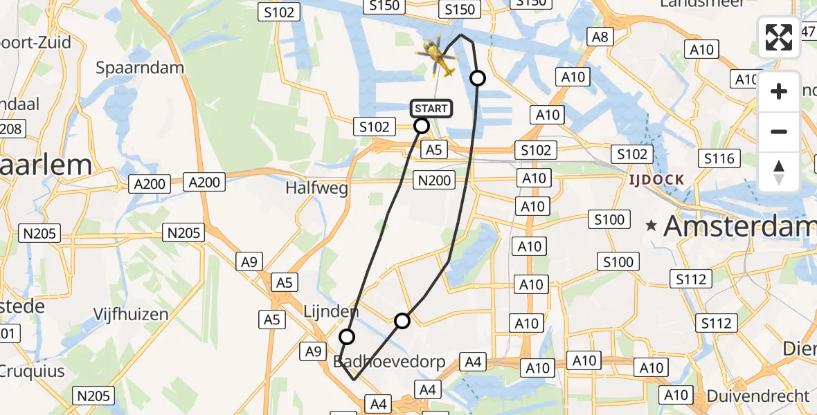 Vluchtroute Traumahelikopter Amsterdam Heliport - Amsterdam Heliport, 19 augustus 2023, 19:19
