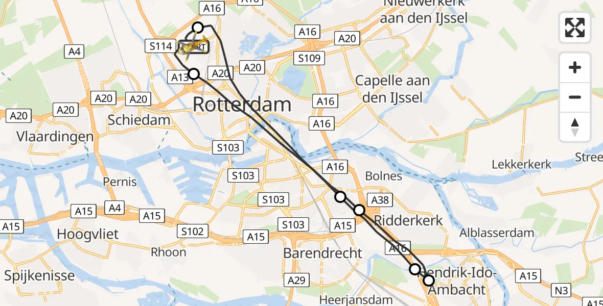 Vluchtroute Traumahelikopter Rotterdam The Hague Airport - Rotterdam The Hague Airport, 19 augustus 2023, 19:53