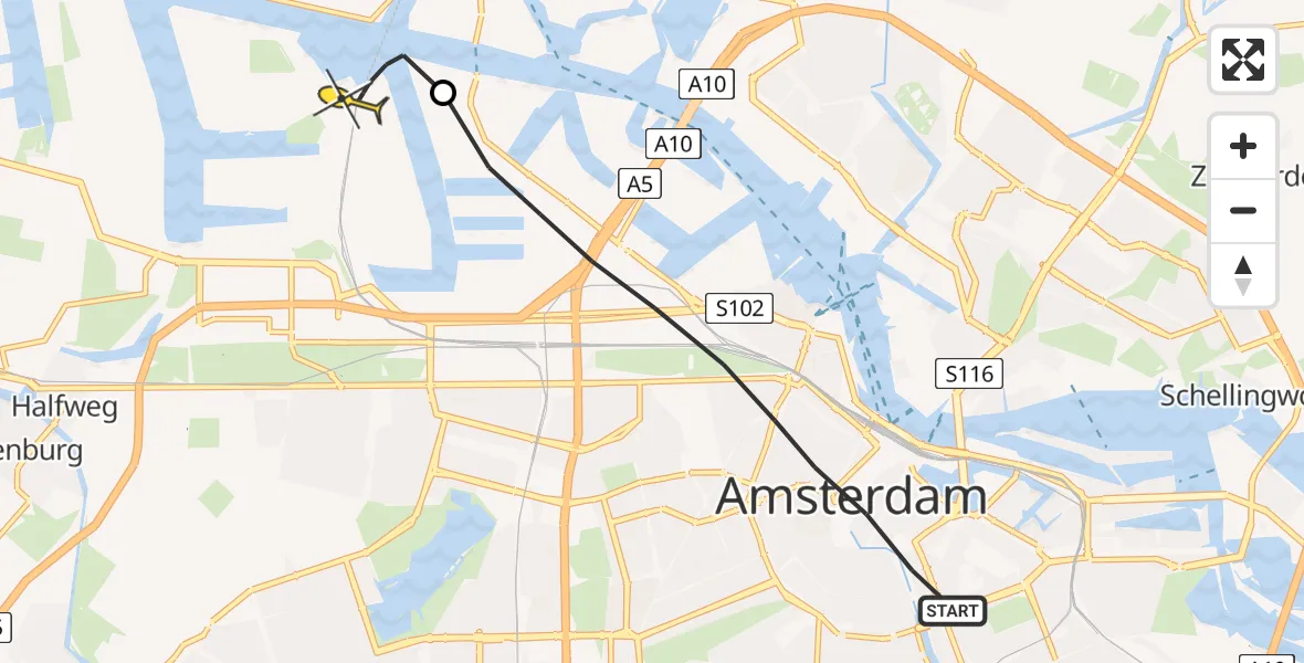 Routekaart van de vlucht: Lifeliner 1 naar Amsterdam Heliport