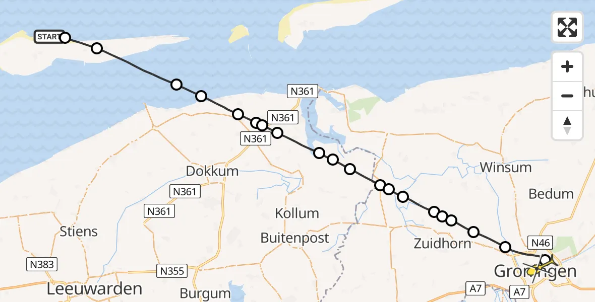 Routekaart van de vlucht: Lifeliner 4 naar Universitair Medisch Centrum Groningen