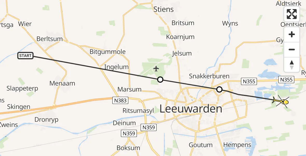 Routekaart van de vlucht: Ambulancehelikopter naar Tytsjerk