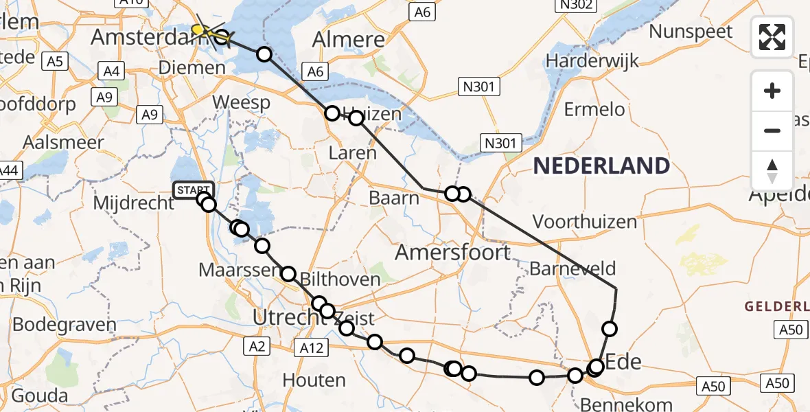 Routekaart van de vlucht: Politiehelikopter naar Amsterdam