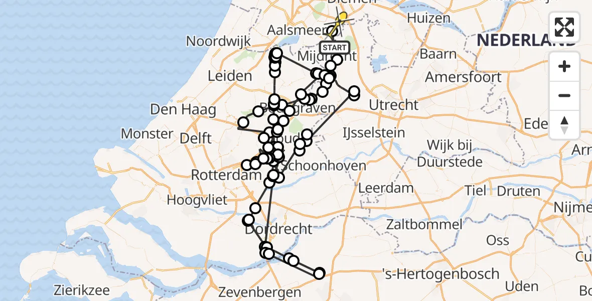 Routekaart van de vlucht: Politieheli naar Ouderkerk aan de Amstel