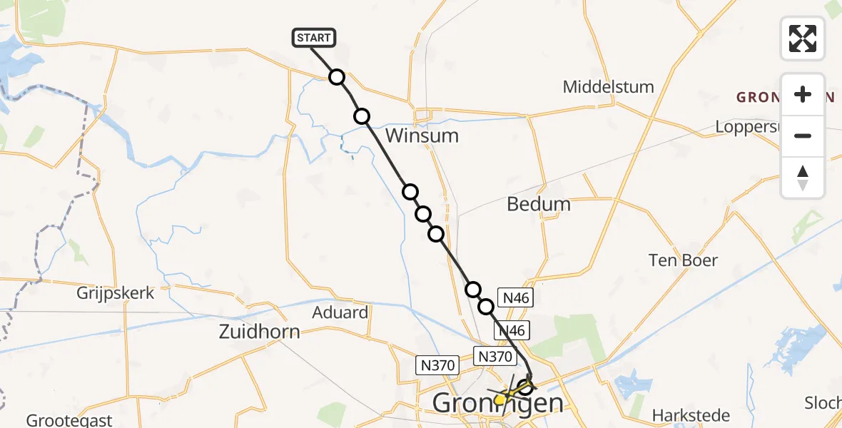 Routekaart van de vlucht: Lifeliner 4 naar Universitair Medisch Centrum Groningen