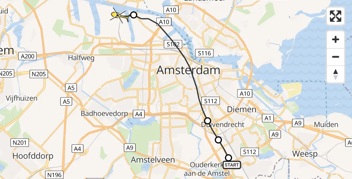 Routekaart van de vlucht: Lifeliner 1 naar Amsterdam Heliport