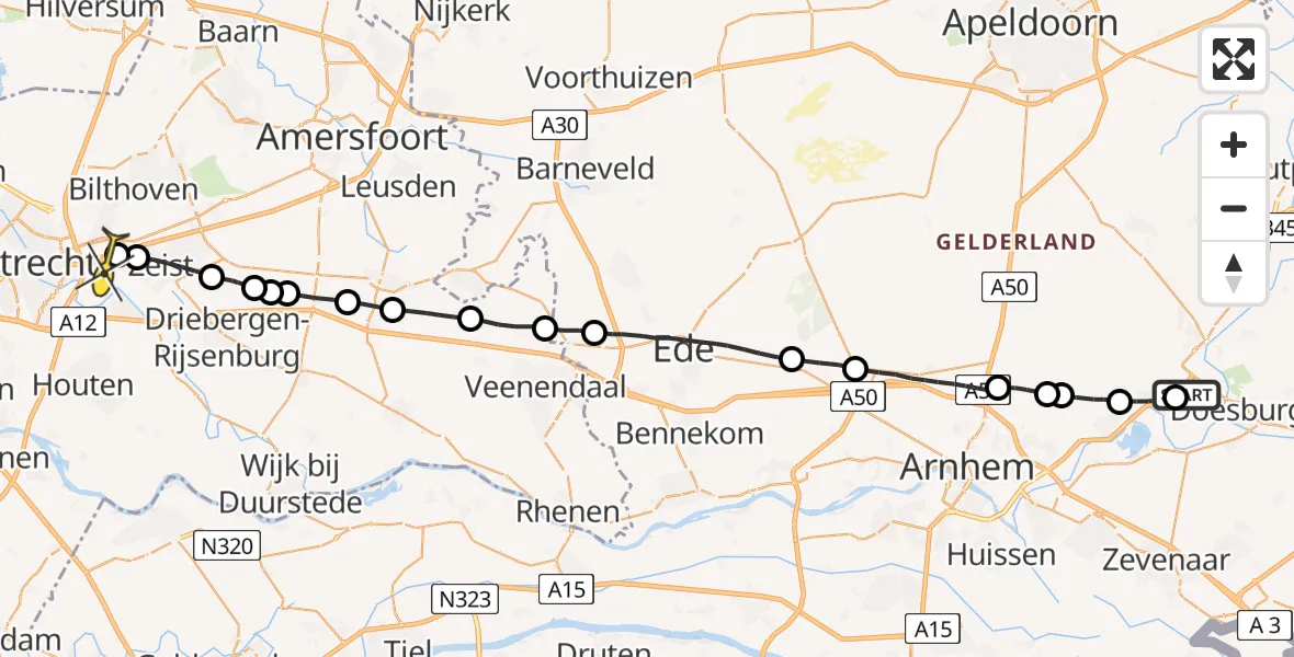 Routekaart van de vlucht: Lifeliner 3 naar Universitair Medisch Centrum Utrecht