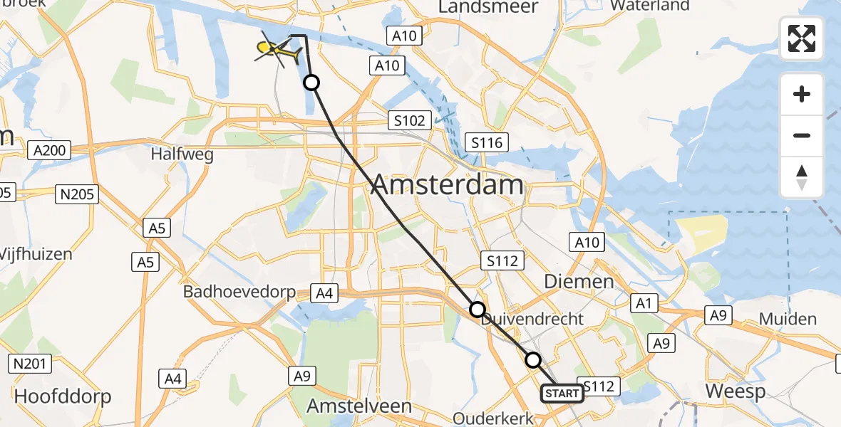 Routekaart van de vlucht: Lifeliner 1 naar Amsterdam Heliport