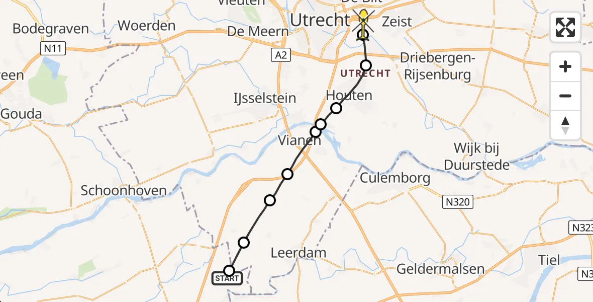 Routekaart van de vlucht: Lifeliner 1 naar Universitair Medisch Centrum Utrecht