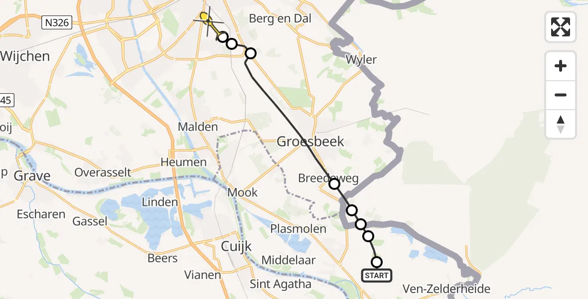 Routekaart van de vlucht: Lifeliner 3 naar Radboud Universitair Medisch Centrum