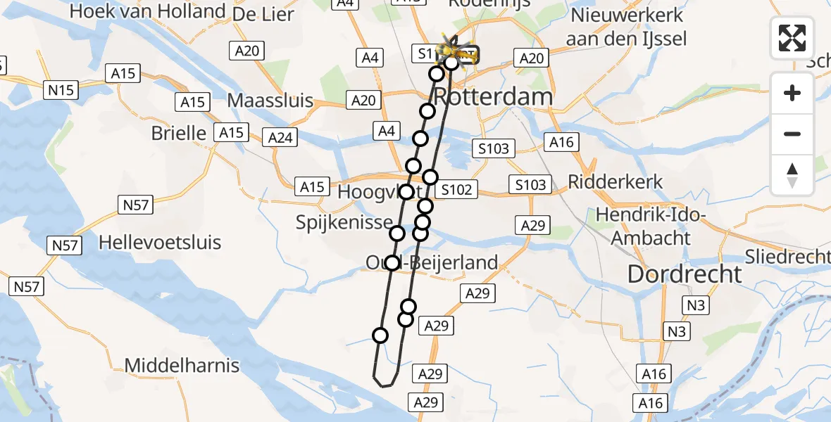 Vluchtroute Traumahelikopter Rotterdam The Hague Airport - Rotterdam The Hague Airport, 21 augustus 2023, 02:58