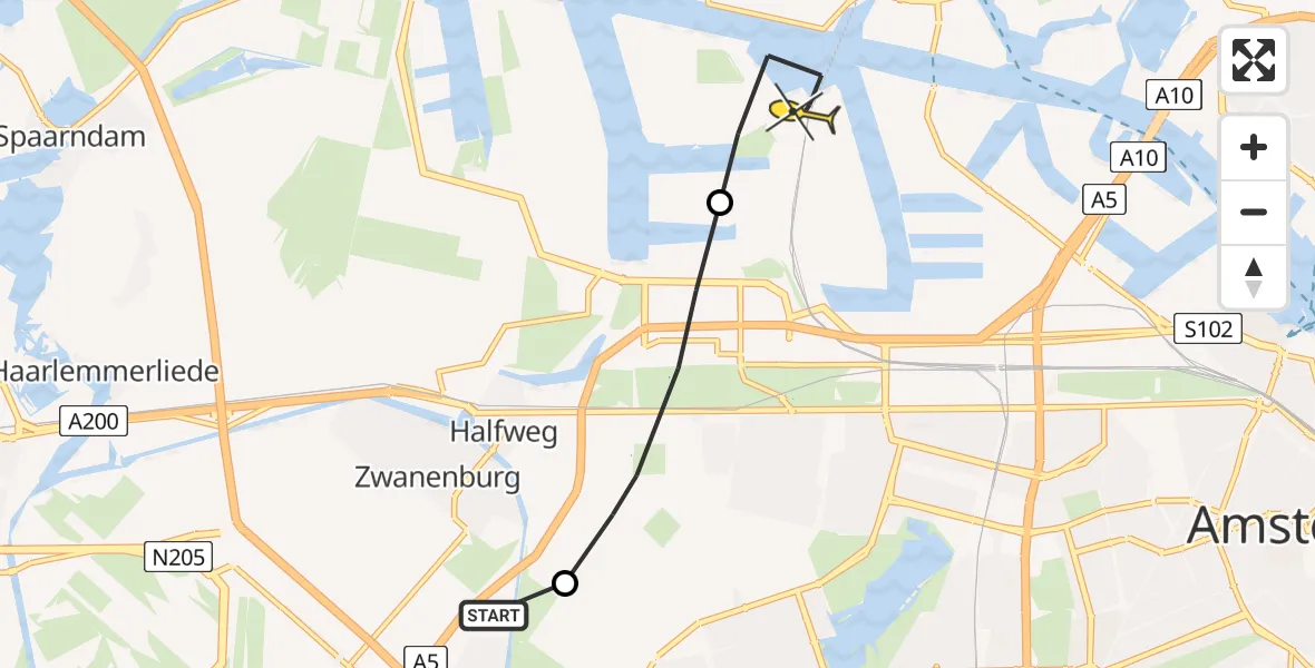 Routekaart van de vlucht: Lifeliner 1 naar Amsterdam Heliport