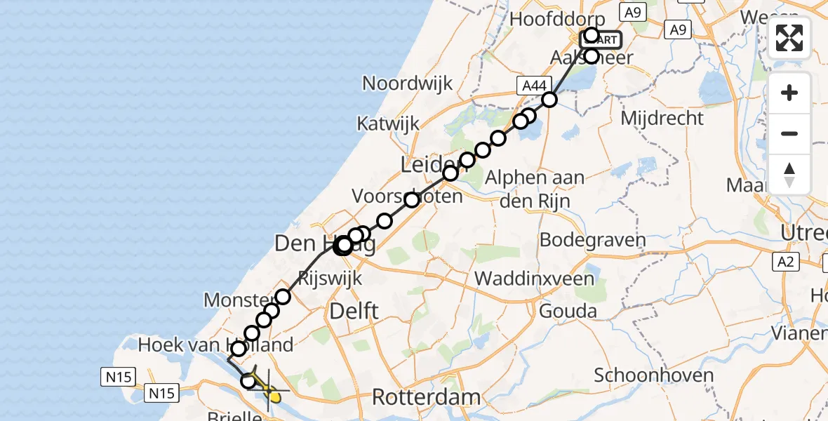 Routekaart van de vlucht: Politieheli naar Hoek van Holland